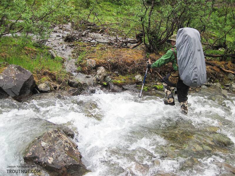 Crossing a tributary of Windy Creek. My waterproof leather boots & Kuiu gaiters kept my feet dry here, but I had less luck in the thigh-deep holes of whitewater in rain-swollen Windy Creek itself a couple hours later.

From Clearwater Mountains in Alaska