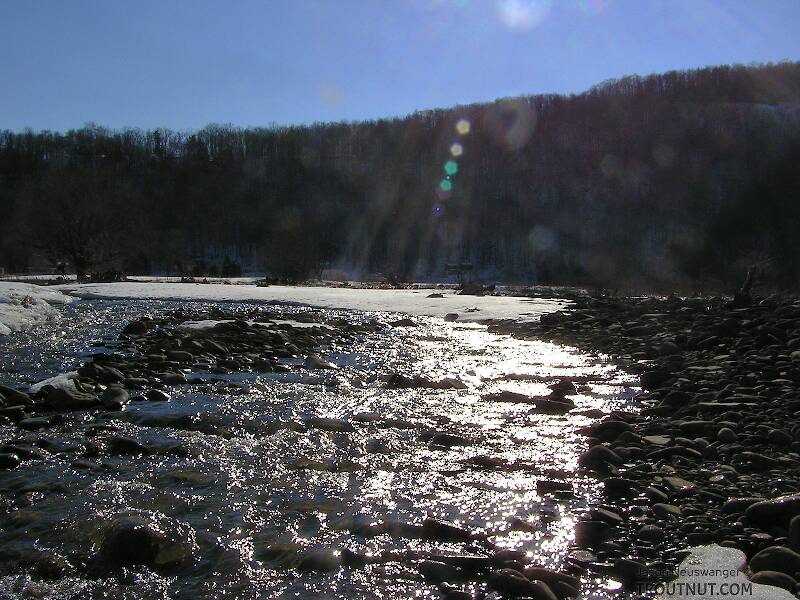 A small tributary tumbles toward a large Catskill river.

From the West Branch of the Delaware River in New York
