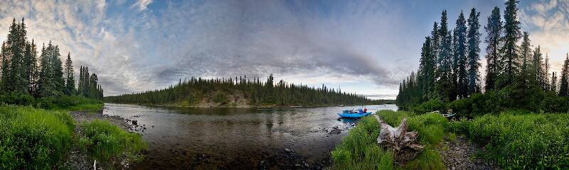 I love this 360-degree panorama of our campsite after a nice day of fishing the Gulkana.  Back in the trees my dad (on the right) is chatting with "Moose" from Blue Moose Rafting (on the left).

From the Gulkana River in Alaska