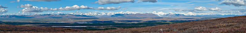 Alaska Range during a stalk. My Sunday afternoon hunt on a small mountaintop south of the road around mile 96 led me to shoot this panorama during a break from chasing caribou.

From Denali Highway in Alaska