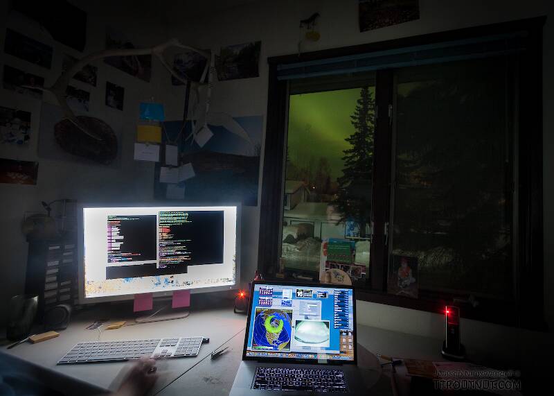 I liked the lighting at my workstation last night.  Aurora forecasts on my laptop, aurora out the window, and C code for multidimensional nonlinear minimization on my desktop.

From Fairbanks in Alaska