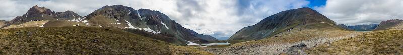 Pass at the top of Alpine Creek (panorama). This detailed 360 degree panorama is best viewed full-size.

From Clearwater Mountains in Alaska