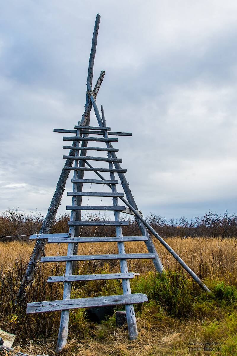 Tower at eskimo cabin for watching for caribou on distant hills

From the Selawik River in Alaska