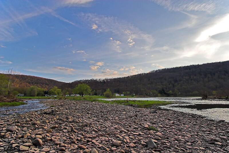 A tributary on the left approaches the large Catskill river on the right.

From the West Branch of the Delaware River in New York