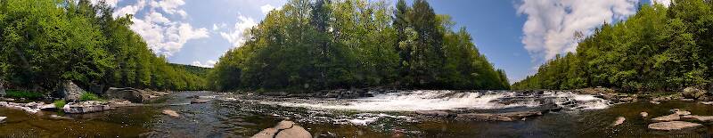 You've really got to see this one full-size to enjoy it.  It's my first attempt at a 360 degree panorama stitched together with the latest and greatest version of Adobe Photoshop.

From the Neversink River in New York