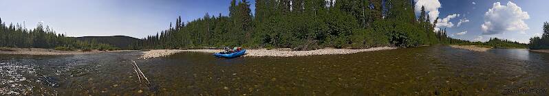 Here's a panorama of the junction of the North Fork of the Chena River and Middle Fork of the Chena River, where we my dad and I spent some time fishing for Arctic grayling on this float trip.

From the Chena River in Alaska