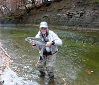 You can see the deeper colored areas - that is where the steelhead like to lie - I have no idea why I look like such a doofus in this picture.