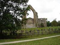 Bolton Abbey was destroyed by King Henry VIII.  The graveyard is still active, as is a rebuilt section of the church behind this part.
