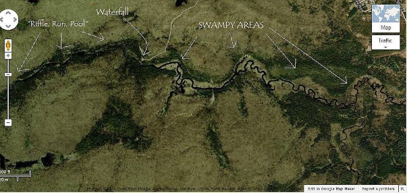 I hope posting Google Maps isn't illegal or anything, there's the copyright on the bottom atleast.  River flows from right to left.